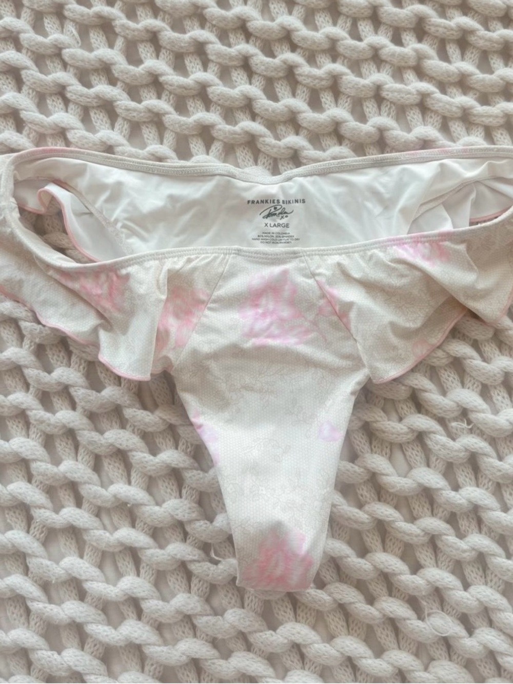 Frankie's Bikinis Pamela Anderson White Bikini Bottom with Pink Tie-Dye Ruffle